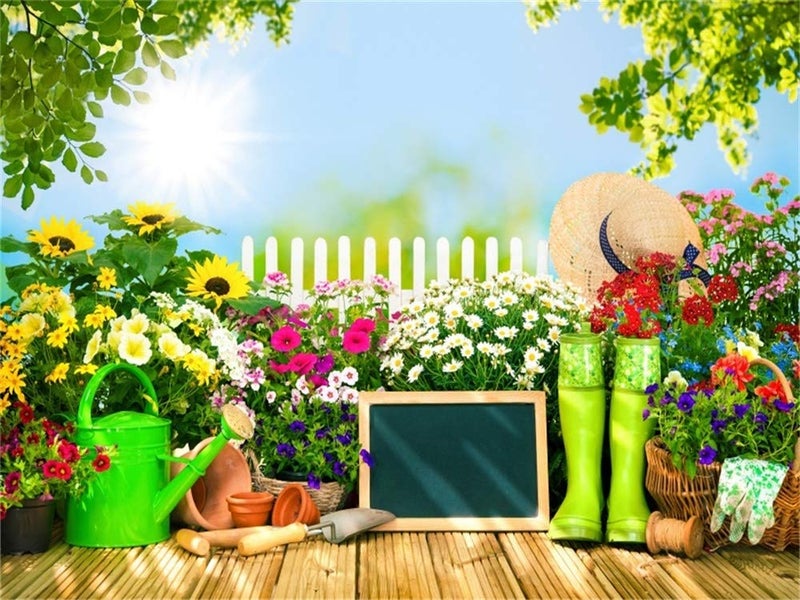 AOFOTO 8x6ft Spring Garden Backdrop for Pictures Gardening Tools Flowers Watering Can Green Plants Potting Photography Background Nature Scenery Rural Fence Sunflowers Portrait Photo Studio Prop Vinyl - Image 1